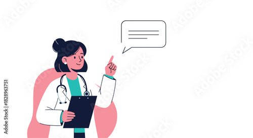 A professional female doctor or nurse character pointing to a blank speech bubble to present medical advice or information.