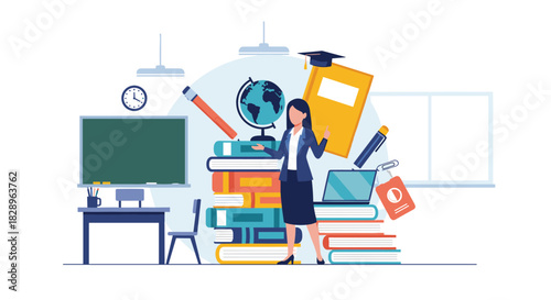 An educational concept illustration of a female teacher surrounded by a large stack of books and various school supplies.