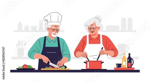 A lovely flat design illustration of a happy senior couple cooking together in the kitchen enjoying their retirement.