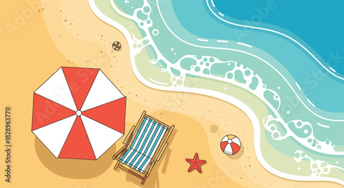 Aerial top view of a sunny beach with a red and white umbrella a lounge chair and gentle sea waves creating a perfect summer holiday.