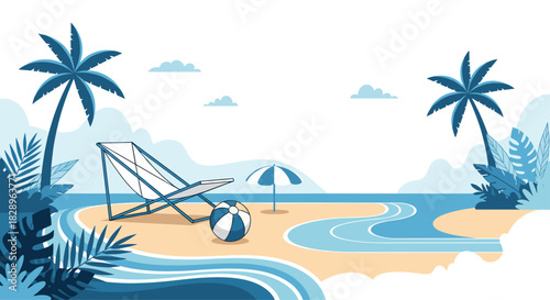 Serene tropical beach landscape with a lounge chair and palm trees in a calming monochromatic blue color palette illustration.