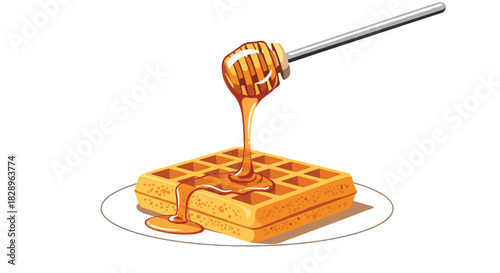 Delicious golden honey being drizzled from a dipper onto a fresh Belgian waffle for a sweet breakfast treat on a white background.