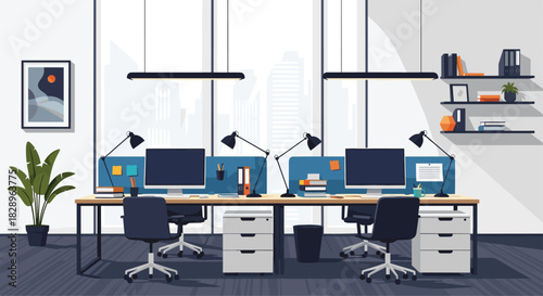 Contemporary open-plan office interior with modern furniture computers and a large window showing a bright city skyline vector design.