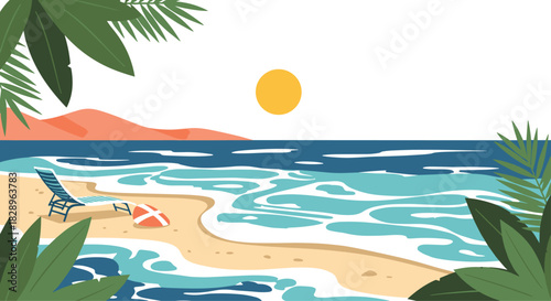 Beautiful summer beach scene with a deck chair and lifebuoy by the wavy ocean framed by tropical palm leaves under a golden sun.