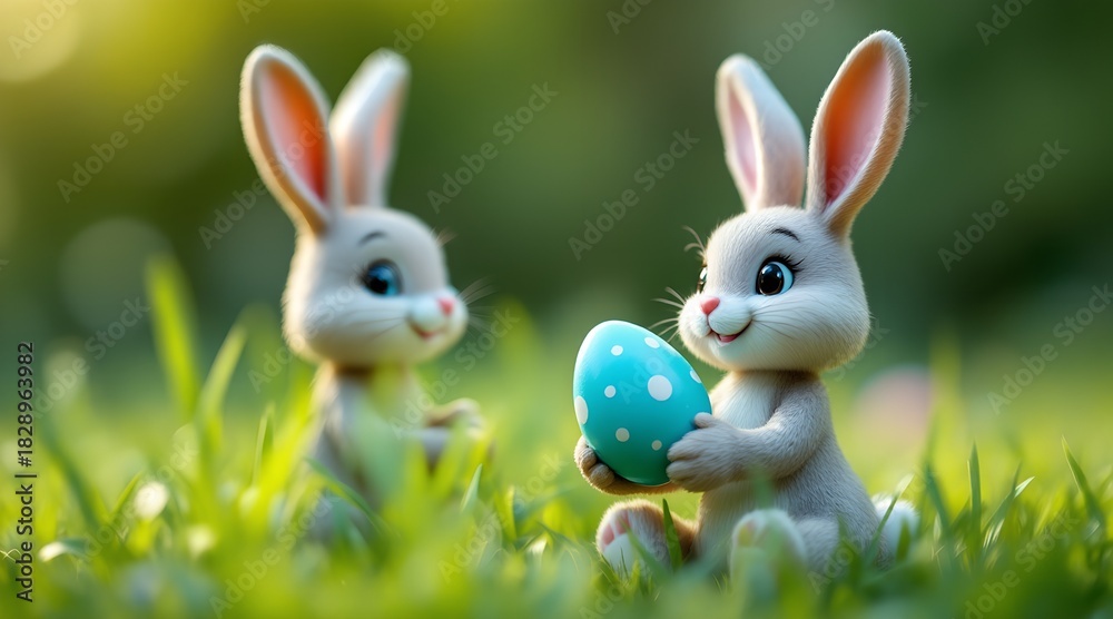 Fototapeta premium Two cartoon Easter bunnies with egg on green grass