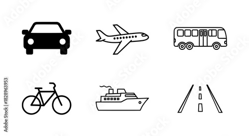 Set of Icons Representing Different Modes of Transportation for Travel and Commuting
