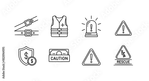Safety and Caution Icons Belt, Vest, Siren, Warnings, Shield, Money, and Rescue Signs