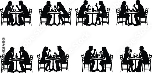 Romantic couples dining silhouette vector set, man and woman sitting at restaurant table, drinking wine, talking, black and white date night illustration.