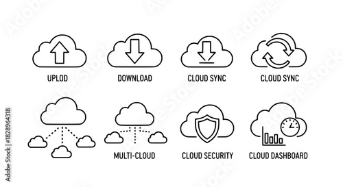 A collection of linear icons representing cloud computing, data management, and security