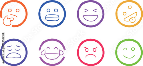Colorful hand drawn emoji set expressing various emotions and feelings