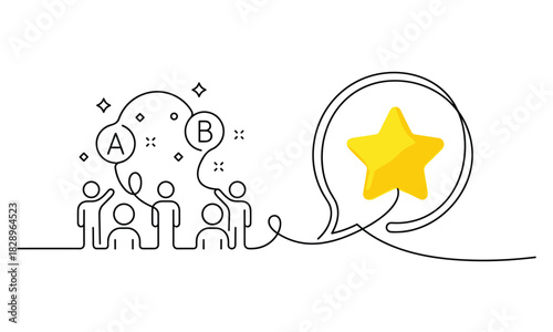 Line illustration of group decision-making, evaluation, collaboration, standout choice, achievement, vector, flat, minimal, black, white, yellow