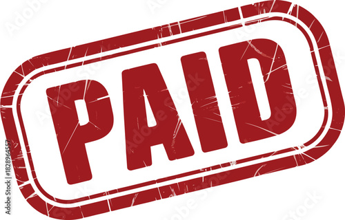 A vibrant red rubber stamp with rounded corners clearly displaying the word PAID on a white surface