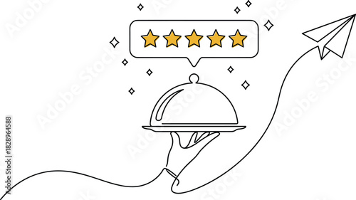 Line illustration of hospitality, food service, customer satisfaction, five-star rating, excellence, delivery, vector, flat, minimal, black, white, yellow