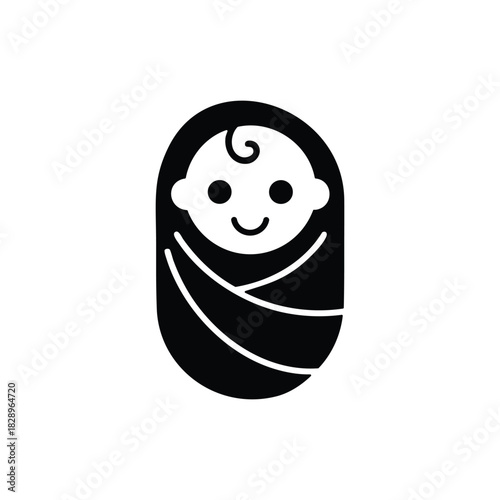 Cute newborn baby icon swaddled in blanket simple black and white infant symbol
