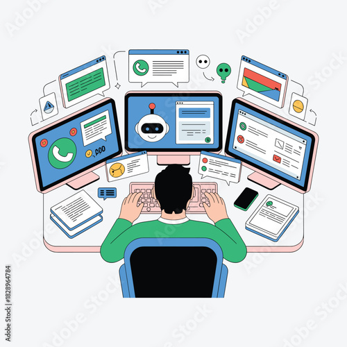 Man Working with Multiple Monitors AI Chatbot Screens and Digital Communication Tools Illustration