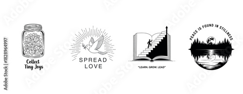 Inspirational designs of joy, love, growth, and peace with creative illustrations
