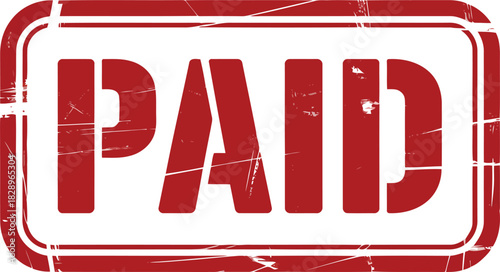Distressed red rectangular rubber stamp impression displaying the word PAID on a clean white surface