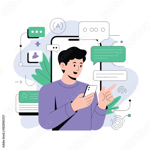 Man Using Smartphone with Messaging Apps and Digital Communication Interface Illustration