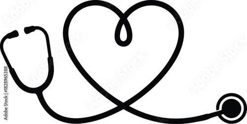 A black outlined stethoscope creates a beautiful heart shape on a clean white background