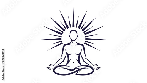 Stylized outline of a person meditating in lotus pose with radiating sunbeams behind their head, symbolizing peace and enlightenment.