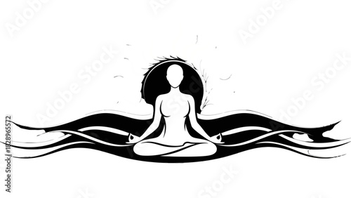 A black and white illustration of a person meditating in lotus position with a halo and flowing abstract patterns.