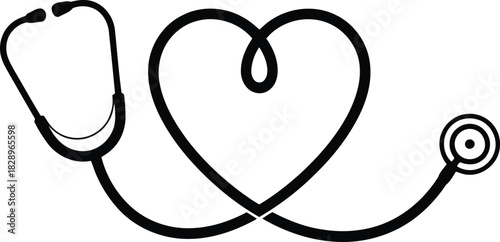 A black outlined stethoscope creates a beautiful heart shape on a clean white background