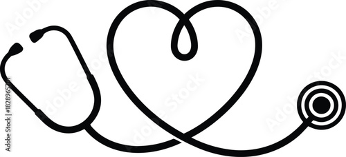 A black outlined stethoscope creates a beautiful heart shape on a clean white background