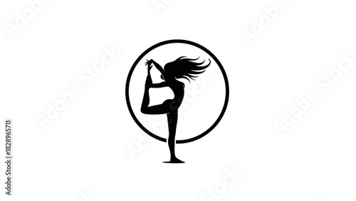 Silhouette of a woman in a graceful dancer's yoga pose inside a circular frame.