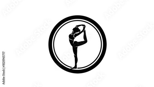 Black silhouette of a woman performing a yoga pose, specifically the Dancer Pose (Natarajasana), inside a circular frame on a white background.