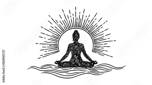 Silhouette of a person meditating in lotus position with sunburst background over water.