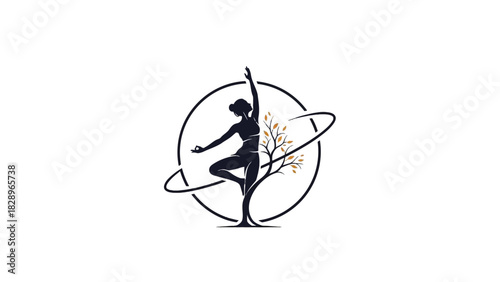 Silhouette of a woman in a yoga pose with a tree and circular design.