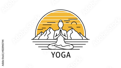 A serene illustration of a person meditating in a yoga pose against a backdrop of mountains and a rising sun.