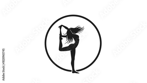 Silhouette of a woman in a graceful yoga or dance pose, balancing on one leg with flowing hair, enclosed in a black circle on a white background.