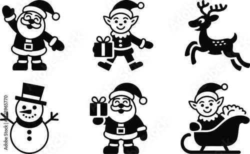 Adorable collection of six black and white Christmas holiday season characters and festive icons