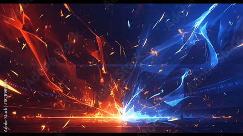 赤と青のエネルギーが衝突する対決の背景、スタジアムの照明と稲妻のエフェクト