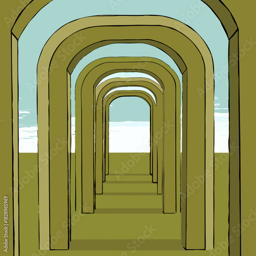 A series of arches leading to a bright horizon
