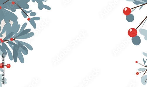 A clean horizontal winter foliage frame featuring soft blue leaves and bright red berries arranged in the corners, leaving an open center space for text or design.