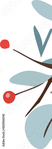 A minimalist vertical botanical illustration featuring soft blue leaves, brown stems, and bright red berries arranged along the right side