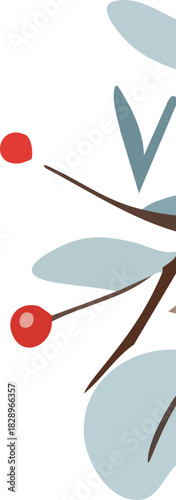 A minimalist vertical botanical illustration featuring soft blue leaves, brown stems, and bright red berries arranged along the right side