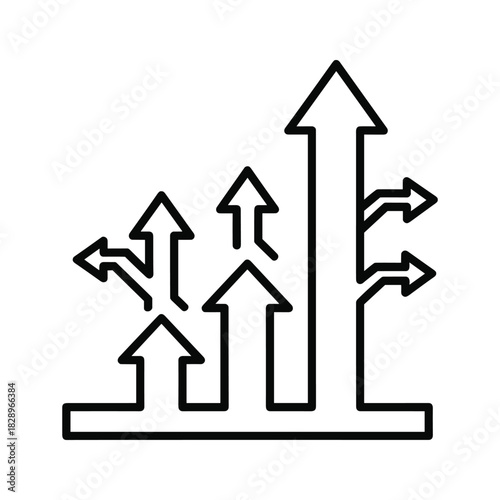 Black and white line icon showing multiple arrows indicating growth and choice isolated on