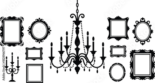 An exquisite chandelier and candelabra are displayed among a variety of empty ornate picture frame silhouettes