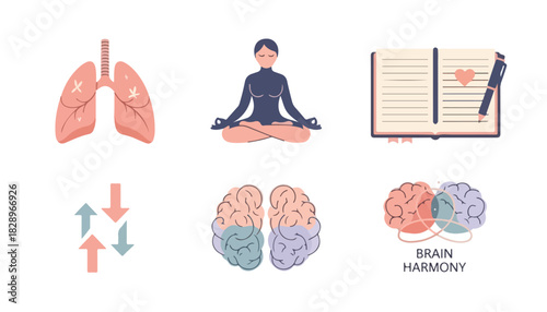 Illustrations depicting human lungs, a person meditating, an open journal, and brain concepts.