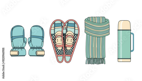 Illustration of winter gear: mittens, snowshoes with faces, a striped scarf, and a thermos, all in a light blue, beige, and white color palette.