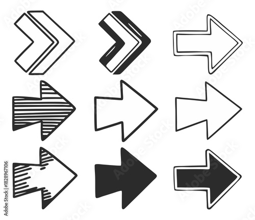 Nine different hand drawn doodle arrow icons black white sketch set.Set,collection,bundle.Isolated transparent background ( include cut-out PNG file )