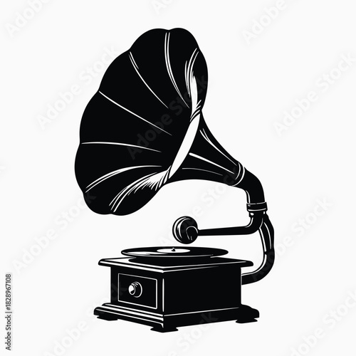 Silhouette of a vintage gramophone on a white background Keywords: gramophone, phonograph, record player, music