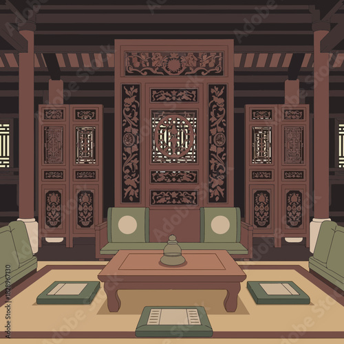 Elegant Interior of a Traditional Asian-Style Room with Carved Wood Panels