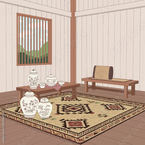 Elegant asian style interior scene with traditional ceramics and rug design