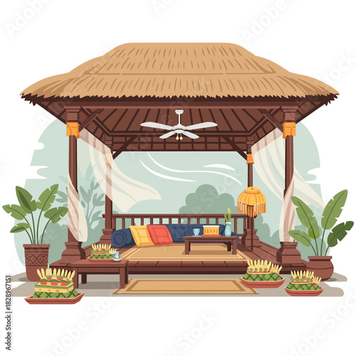 Exotic Bali Pavilion Illustration with Relaxing Atmosphere and Tropical Plants