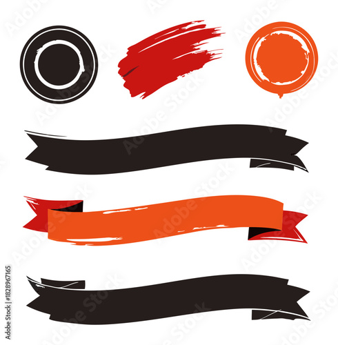 Red orange and black ink brush strokes and banner elements  set ,bundle, collection. Isolated transparent background ( include cut-out PNG file )