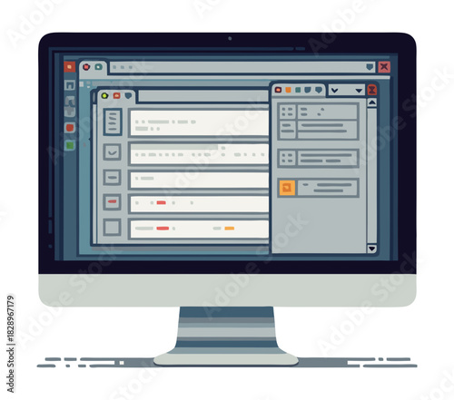 Desktop computer monitor displaying a web application interface with lists tasks windows isolated transparent background ( include cut-out PNG file )